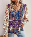 Kadın Uzun Kollu Yakası Açık Bağcıklı çiçek Desenli Salaş Bluz
