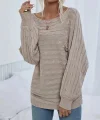 Kadın Uzun Kollu Yakası Açık Saç örgü Desenli Triko Bluz