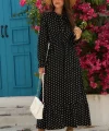 Kadın Uzun Kollu Yakası Bağcıklı Uzun Puantiyeli Krep Maxi Elbise
