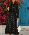 Kadın Uzun Kollu Yakası Bağcıklı Uzun Puantiyeli Krep Maxi Elbise