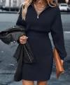 Kadın Uzun Kollu Yakası Fermuarlı Mini Triko Elbise
