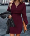Kadın Uzun Kollu Yakası Fermuarlı Mini Triko Elbise