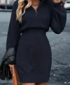 Kadın Uzun Kollu Yakası Fermuarlı Mini Triko Elbise
