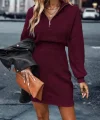 Kadın Uzun Kollu Yakası Fermuarlı Mini Triko Elbise