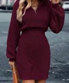 Kadın Uzun Kollu Yakası Fermuarlı Mini Triko Elbise
