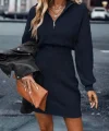 Kadın Uzun Kollu Yakası Fermuarlı Mini Triko Elbise