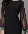 Kadın Uzun Kollu Yakası Yanlardan Hafif Açık Kollar Tül Ve Taş Detay Kısa Krep Elbise