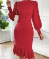 Kadın Uzun Kollu Yarı Balıkçı Yaka Etek Ucu Fırfır Detaylı Midi Ithal Krep Elbise