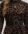 Kadın Uzun Kollu Yarı Balıkçı Yaka Leopar Desenli Kadife Elbise