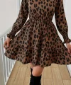 Kadın Uzun Kollu Yarı Balıkçı Yaka Leopar Desenli Modal Mini Elbise