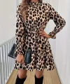 Kadın Uzun Kollu Yarı Balıkçı Yaka Leopar Desenli Modal Mini Elbise