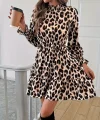 Kadın Uzun Kollu Yarı Balıkçı Yaka Leopar Desenli Modal Mini Elbise