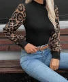 Kadın Uzun Kollu Yarı Balıkçı Yaka Leopar Detaylı Kaşkorse Bluz