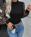 Kadın Uzun Kollu Yarı Balıkçı Yaka Leopar Detaylı Kaşkorse Bluz