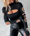 Kadın Uzun Kollu Yarı Balıkçı Yaka Pencere Detaylı Kolları Kalp Desen Taşlı Viskon Bluz
