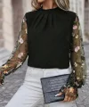 Kadın Uzun Kollu Yarı Balıkçı Yaka Tül Detaylı Ithal Krep Bluz