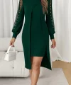 Kadın Uzun Kollu Yarı Balıkçı Yaka Tül Ve Inci Detaylı Kısa Ithal Krep Midi Elbise
