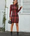 Kadın Uzun Kollu Yarım Balıkçı Yaka Ekose Desen Mini Dalgıç Elbise