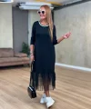 Kadın Uzun Kollu Yuvarlak Biye Yakalı Tüllü Uzun Viskon Iki Iplik Elbise