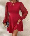 Kadın Uzun Kollu Yuvarlak Damla Detaylı Kolları Tül Detaylı Kısa Ithal Krep Elbise