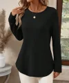 Kadın Uzun Kollu Yuvarlak Yaka Arkadan Düğmeli Waffle Bluz