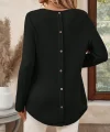Kadın Uzun Kollu Yuvarlak Yaka Arkadan Düğmeli Waffle Bluz