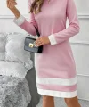 Kadın Uzun Kollu Yuvarlak Yaka Etek Ucu şerit Detaylı Mini Dalgıç Elbise