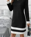 Kadın Uzun Kollu Yuvarlak Yaka Etek Ucu şerit Detaylı Mini Siyah Beyaz Dalgıç Elbise