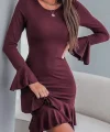 Kadın Uzun Kollu Yuvarlak Yaka Fırfırlı Kol Ucu Volanlı Janjan Krep Mini Elbise