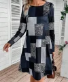 Kadın Uzun Kollu Yuvarlak Yaka Geometrik Süprem Elbise