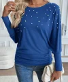Kadın Uzun Kollu Yuvarlak Yaka Incili Viskon Bluz