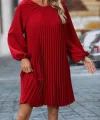 Kadın Uzun Kollu Yuvarlak Yaka Pileli Salaş Mini Ithal Krep Elbise