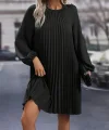 Kadın Uzun Kollu Yuvarlak Yaka Pileli Salaş Mini Ithal Krep Elbise