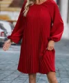 Kadın Uzun Kollu Yuvarlak Yaka Pileli Salaş Mini Ithal Krep Elbise