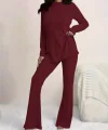 Kadın Uzun Kollu Yuvarlak Yaka Yandan Yırtmaç Detaylı şardonlu Kaşkorse Bluz Ve Pantolon Ikili Takım