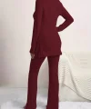 Kadın Uzun Kollu Yuvarlak Yaka Yandan Yırtmaç Detaylı şardonlu Kaşkorse Bluz Ve Pantolon Ikili Takım