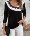 Kadın Uzun Kollu Yuvarlak Yakalı çift Renkli Dantel Detaylı Viskon Bluz