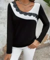 Kadın Uzun Kollu Yuvarlak Yakalı çift Renkli Dantel Detaylı Viskon Bluz