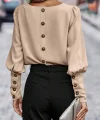 Kadın Uzun Kollu Yuvarlak Yakalı Düğmeli Ithal Krep Bluz