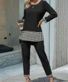 Kadın Uzun Kollu Yuvarlak Yakalı Kaz Ayağı Detaylı Viskon Iki Iplik Bluz Ve Pantolon Ikili Takım