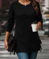 Kadın Uzun Kollu Yuvarlak Yakalı Yanlardan Bağcıklı Triko Bluz