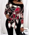 Kadın Uzun Kollu Zincir Desen Tek Omuz Düşük Mikro Bluz