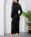Kadın Uzun Kpllu Kruvaze Yaka Pul Pyaet Detay Midi Elbise