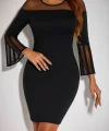 Kadın Uzun şeffaf şerit Kollu Madonna Yaka Vücudu Saran Dalgıç Kısa Elbise