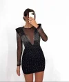 Kadın Uzun Tül Kol ön Kısım Ve Kol Taşlı Sandy Kumaş Mini Boy Elbise