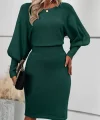 Kadın Uzun Yarasa Kollu Yakası Açık Belden Oturtmalı Kısa Triko Elbise