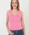 Kadın V Yaka Fırfır Detay Crop - Pembe