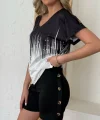 Kadın V Yaka Kısa Kol Kenarları Minik Yırtmaç Detaylı Dalgıç Bluz + Düğme Detaylı Dalgıç şort