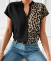 Kadın V Yaka Leopar Garnili Mosskrep Kumaş Bluz