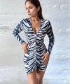 Kadın V Yaka önü Asansör Büzgü Detay Fırsat ürün Zebra Mini Elbise